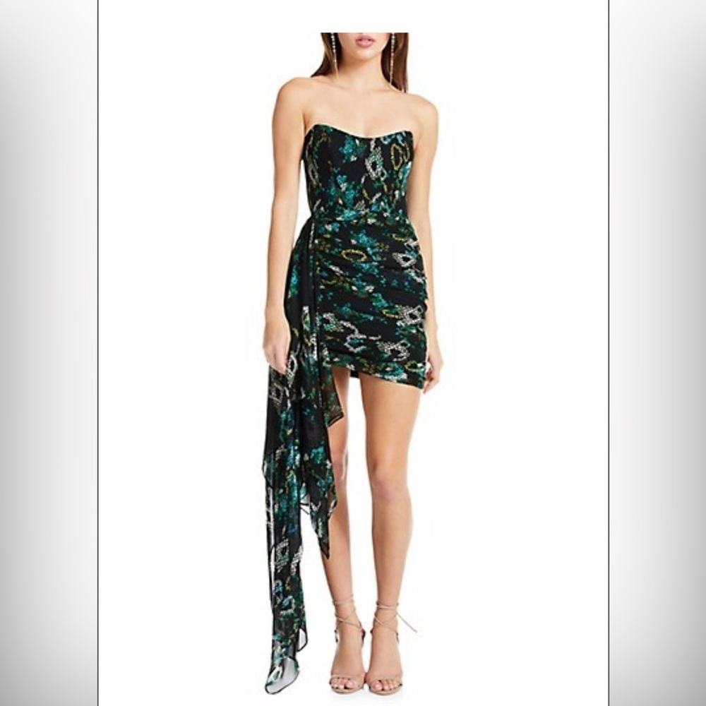 Katie may , chasing dawn snake print asymmetrical sash mini dress .